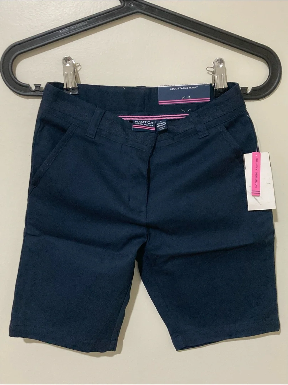 NEW Nautica School Uniform size 8 Regular Skinny Bermuda Shorts Navy + Pockets